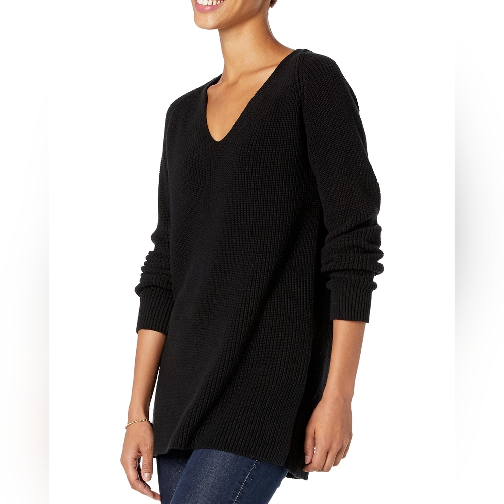 New Black Cotton V Neck Sweater Chunky‎ Oversized Women's Size M
